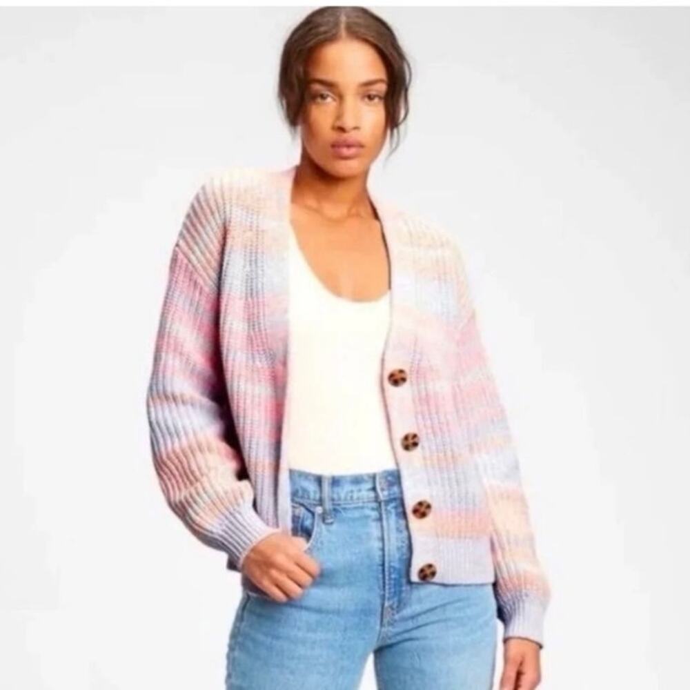GAP Pastel Rainbow Striped Chunky Knit Cotton Cardigan XL Coastal Cottage Preppy